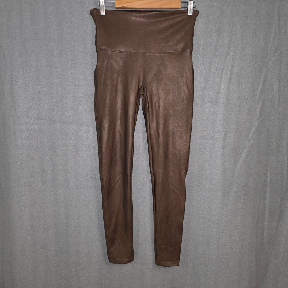 Spanx Faux Leather Leggings Women XL Espresso Brown High Waist Shaping Moto Chic - Picture 2 of 7